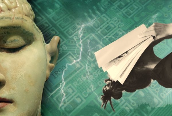kolaż przedstawiający model anatomiczny głowy z widocznym mózgiem, osobę z twarzą przykrytą książką, w tle: błyskawice i wnętrze komputera
