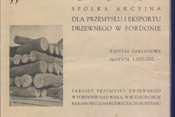 Ulotka reklamowa „Lasgo”, największego tartaku w północnej Polsce, zajmującego teren w rejonie Wyszogrodu do cegielni, lata 30., ze zbiorów Rafaela Prętkiego