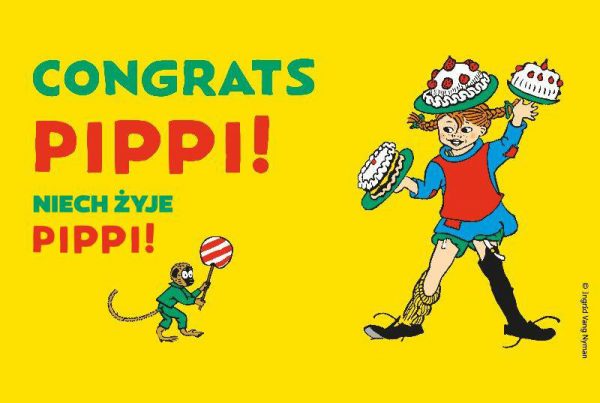 ilustracia przedstawiająca Pippi trzymającą tort i małpkę trzymającą lizaka